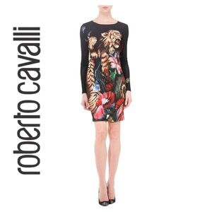Roberto Cavalli Black Dress with Vibrant Animal Print